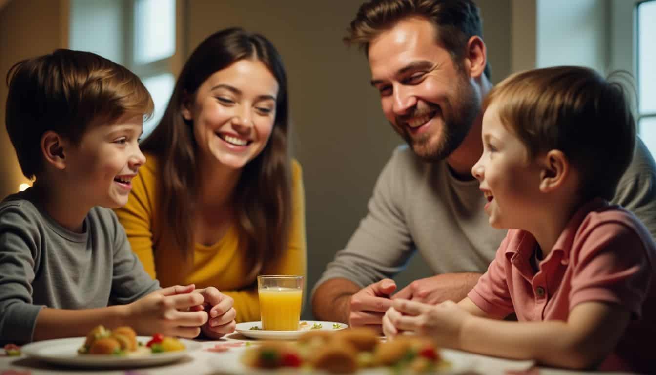 A family of four enjoying dinner and conversation at the table.