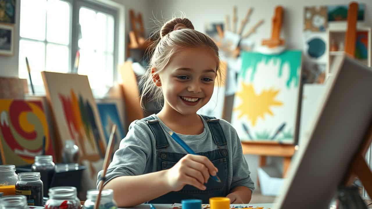 A young girl happily paints in a messy art studio.