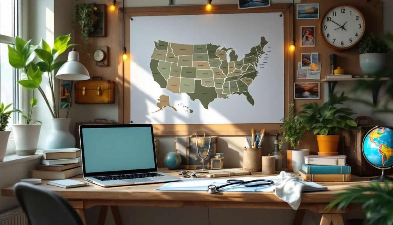 A nursing student's desk setup with textbooks, laptop and NLC map.