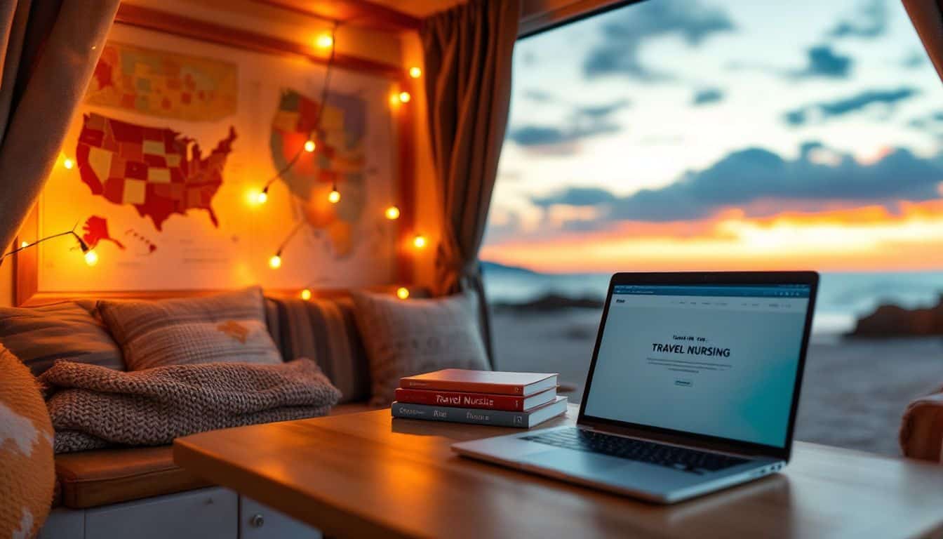 A cozy camper van parked by the beach with travel nursing books.