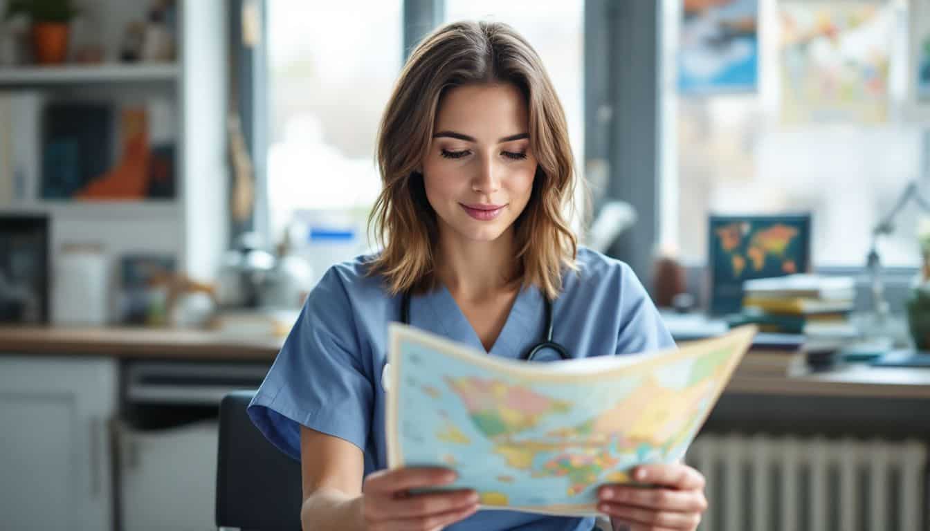 A nurse in a hospital breakroom, reviewing a map for travel.