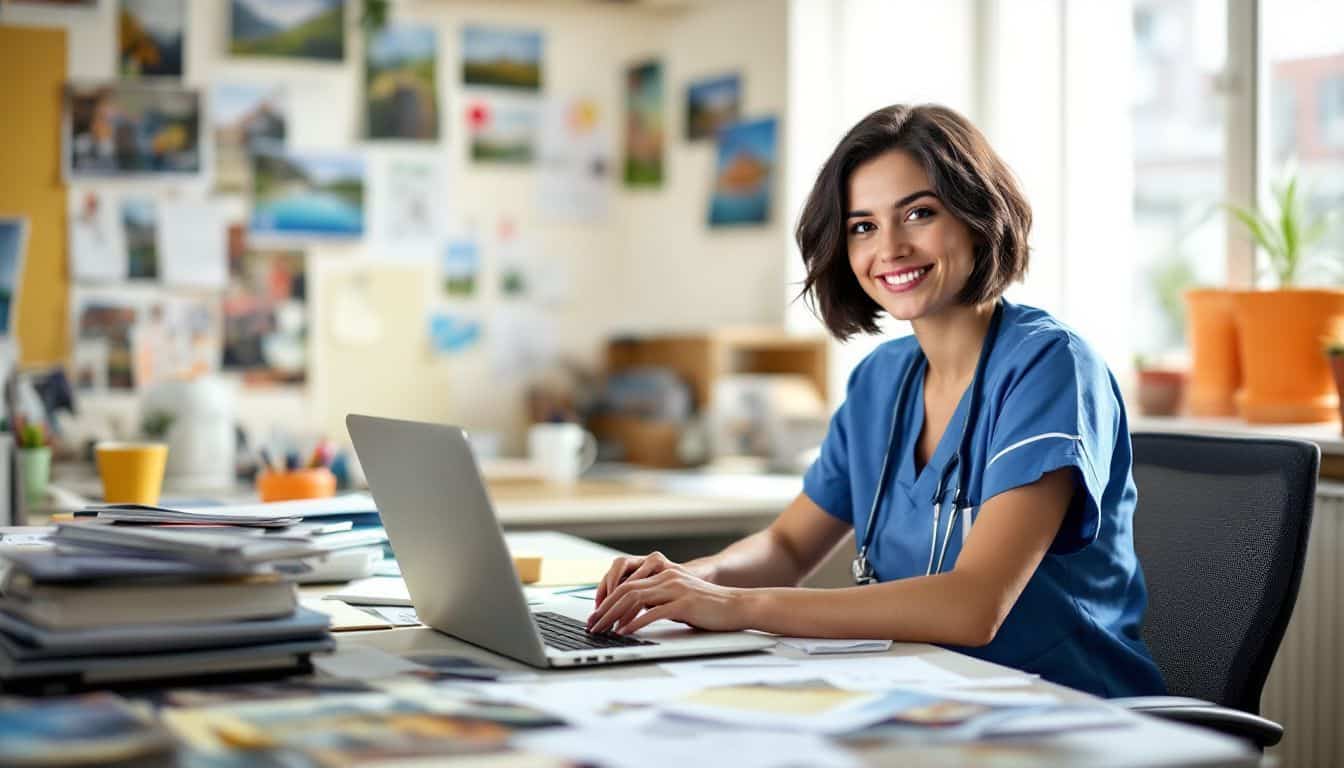 A nurse seated at a cluttered desk with travel brochures.