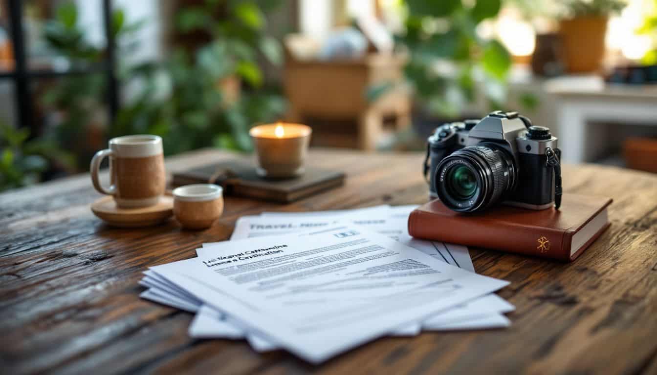 A stack of travel nursing licensure and certification documents on a rustic table in a cozy home office.