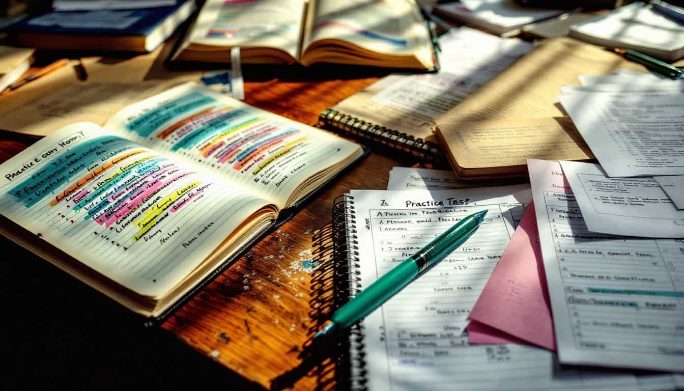 A cluttered study desk filled with open textbooks and practice test papers.