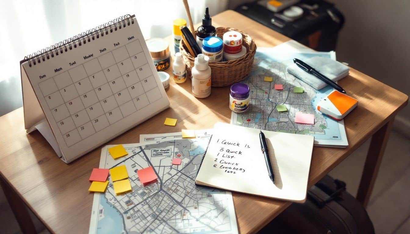 A cluttered kitchen table with travel items, calendar, and city map.