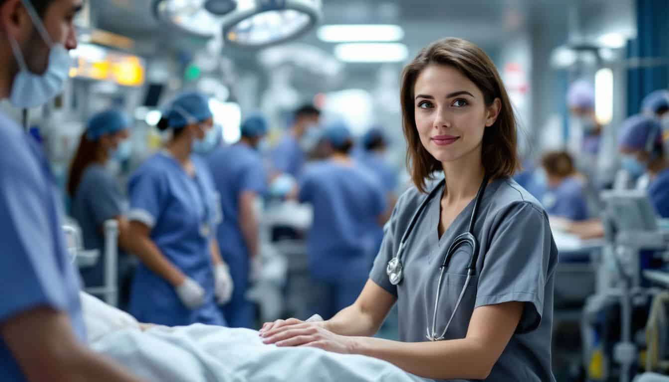 A travel nurse attends to a patient in a busy emergency room.