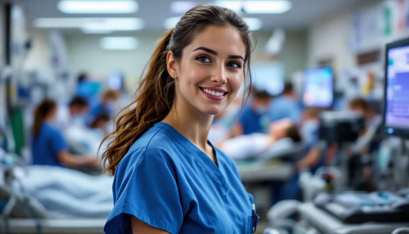 A focused female nurse confidently attends to patients in a busy emergency room.