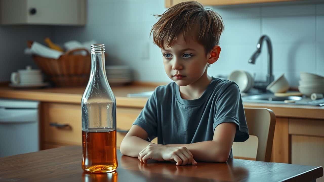 A child sits alone at a table, looking at a bottle of alcohol, conveying neglect.