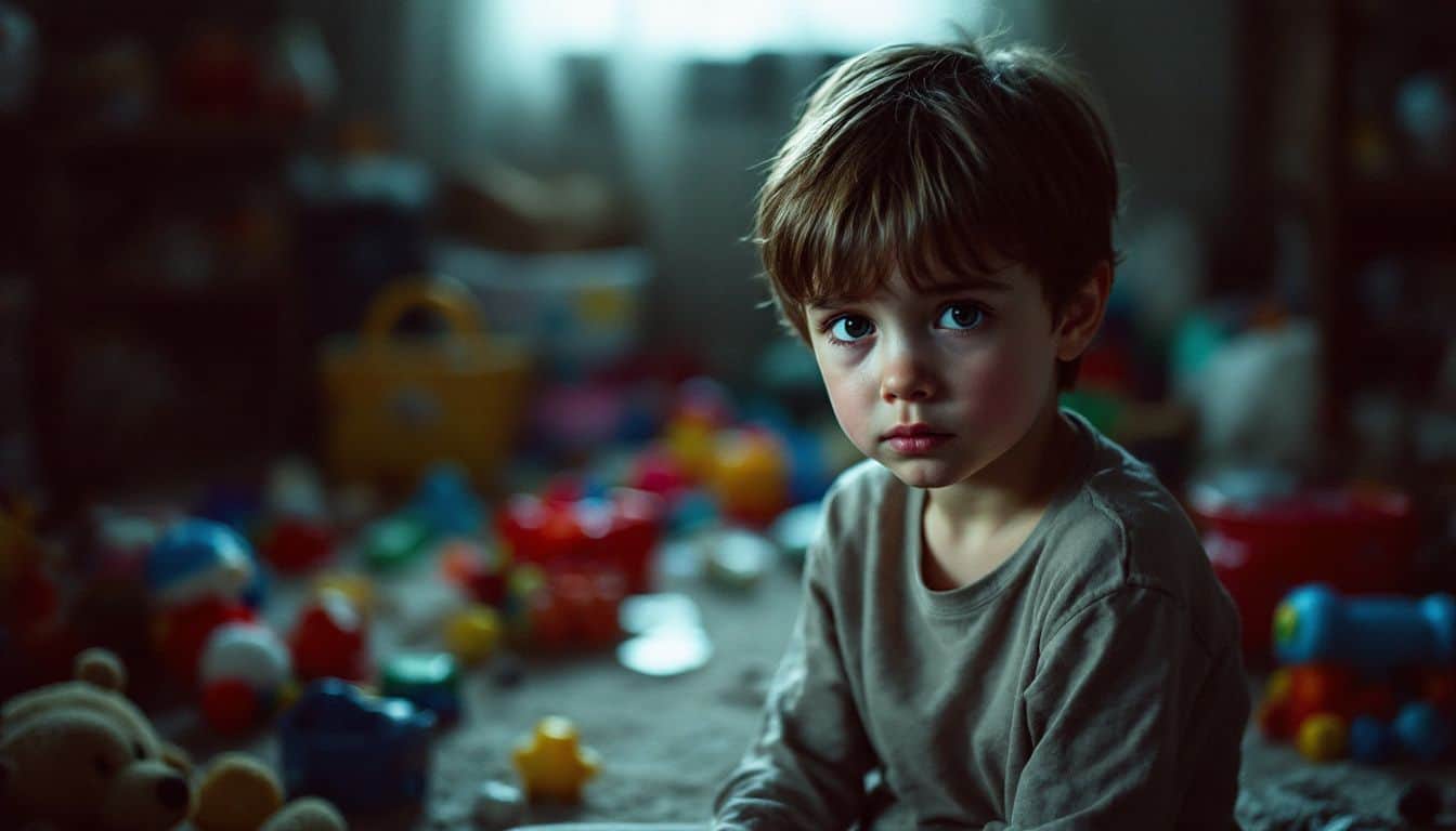 A child sitting alone in a dimly lit room with scattered toys.