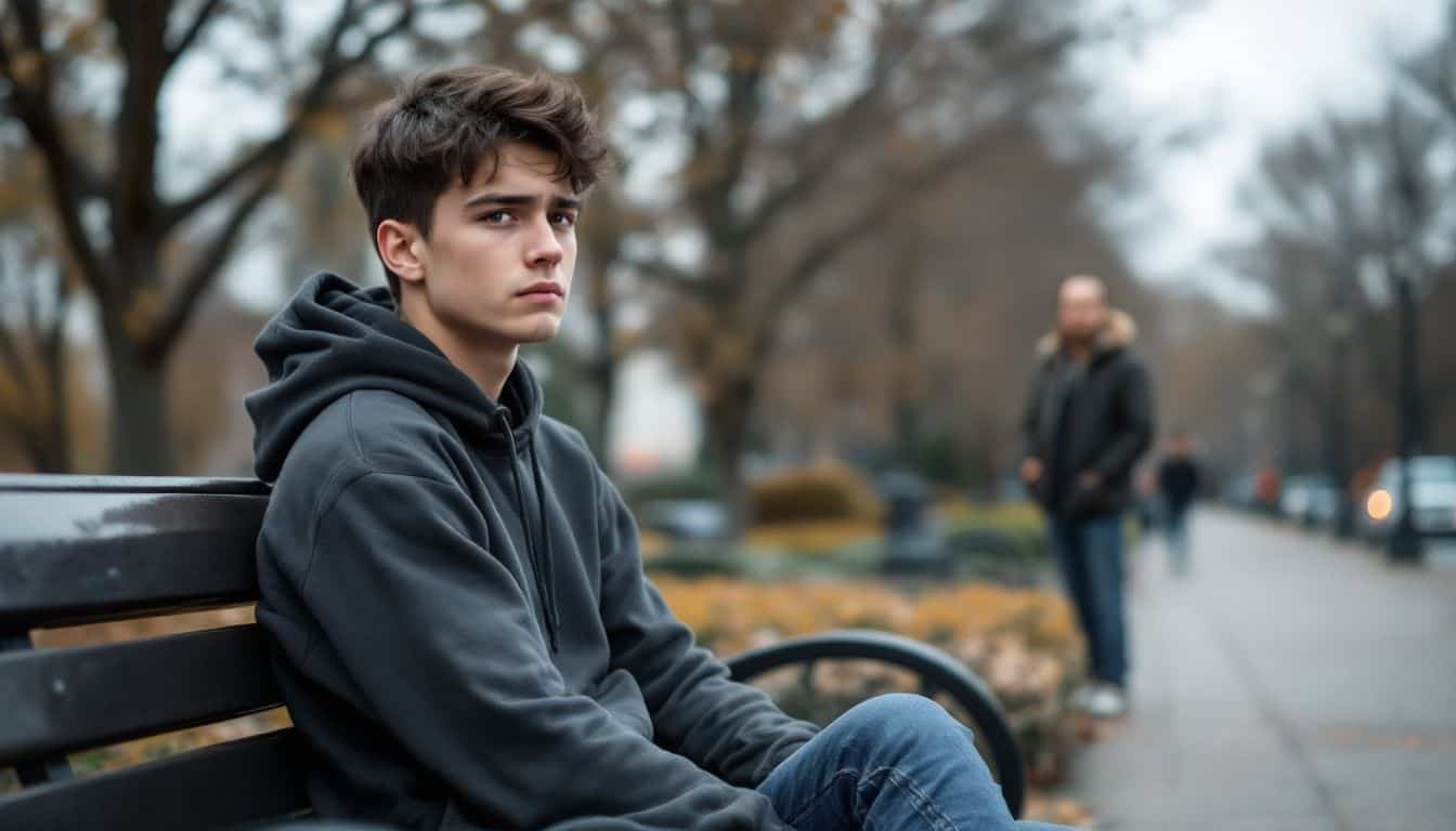 A teenager sits alone on a park bench looking sad while an adult figure stands nearby.