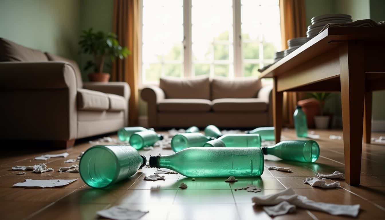 A messy living room with scattered bottles and dirty dishes.