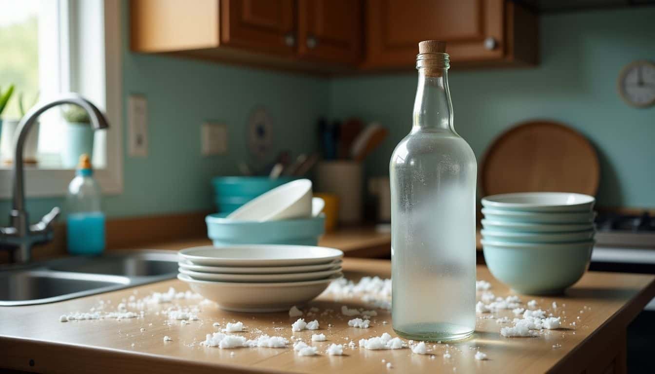 An empty alcohol bottle surrounded by dirty dishes and unfinished chores.