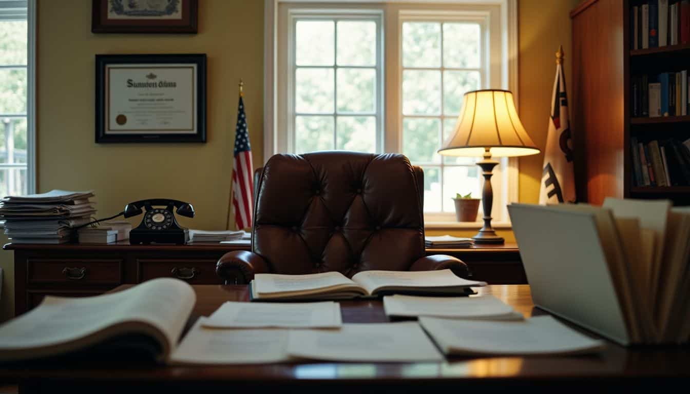 A cluttered office desk with a vintage rotary phone and scattered papers.