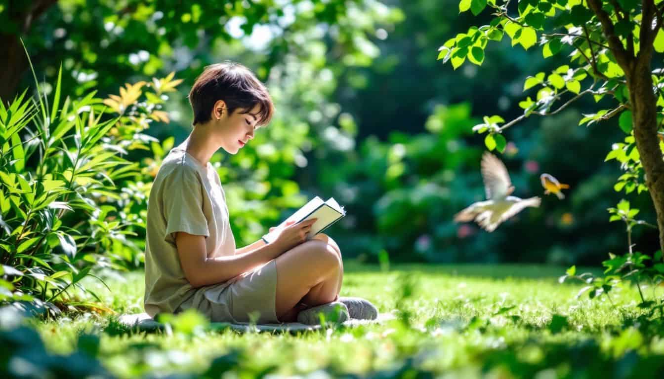 A young adult sits in a tranquil garden, writing in a journal.