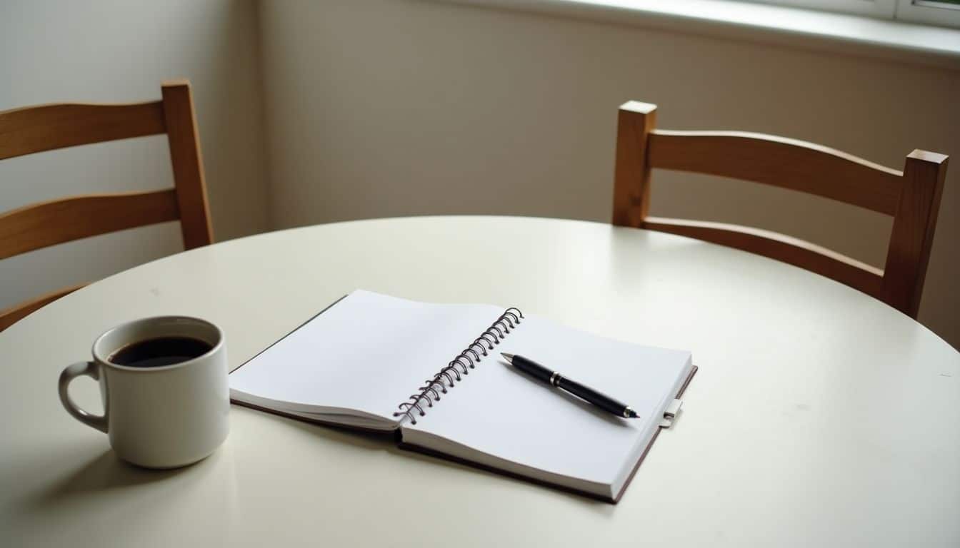 A simple kitchen scene with an empty table and coffee cup.