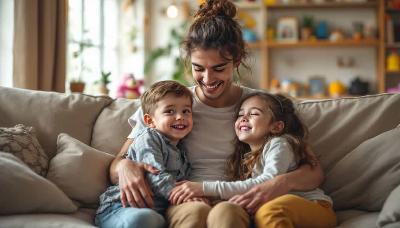 A young adult sits on a couch, hugging their younger siblings.