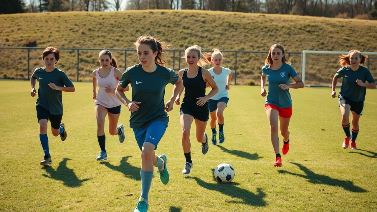 Caucasian teenage soccer players training on grassy field under bright sunlight.