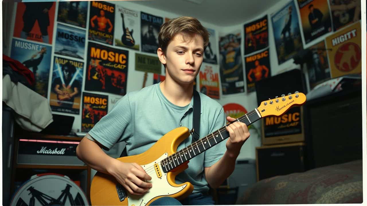 A teenage boy practices guitar in a cluttered, music-filled bedroom.