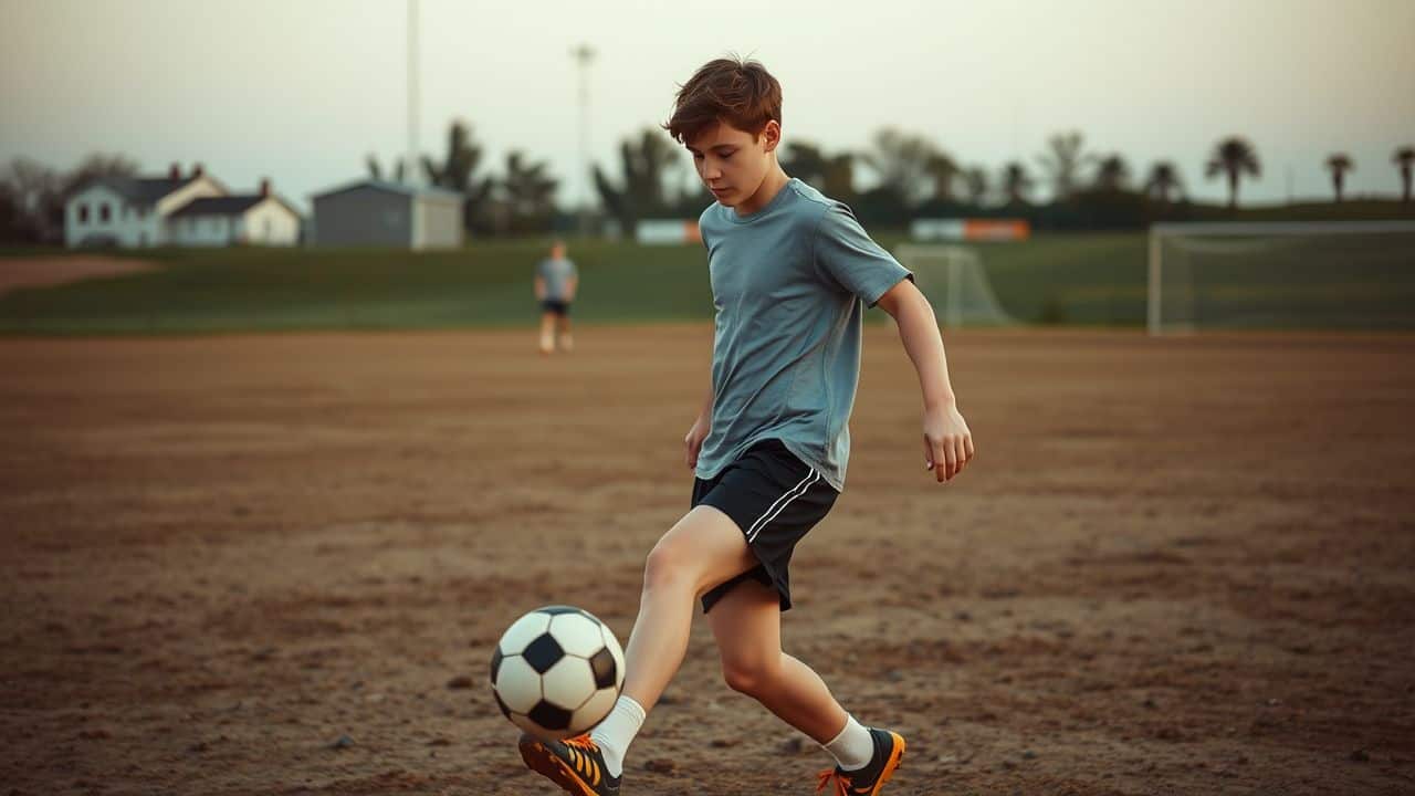 A teenage soccer player practices passing drills on a worn field.