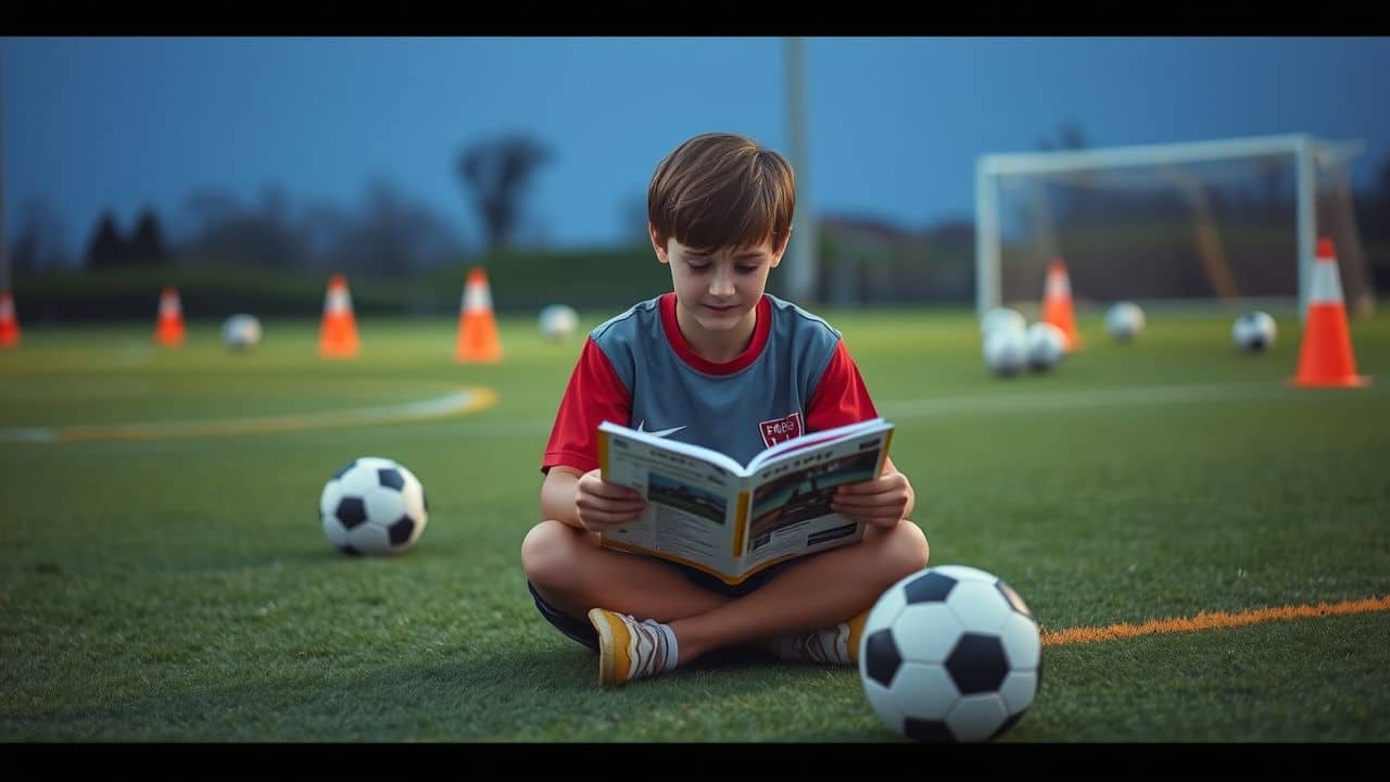 A 12-year-old boy studies a soccer playbook on a field.