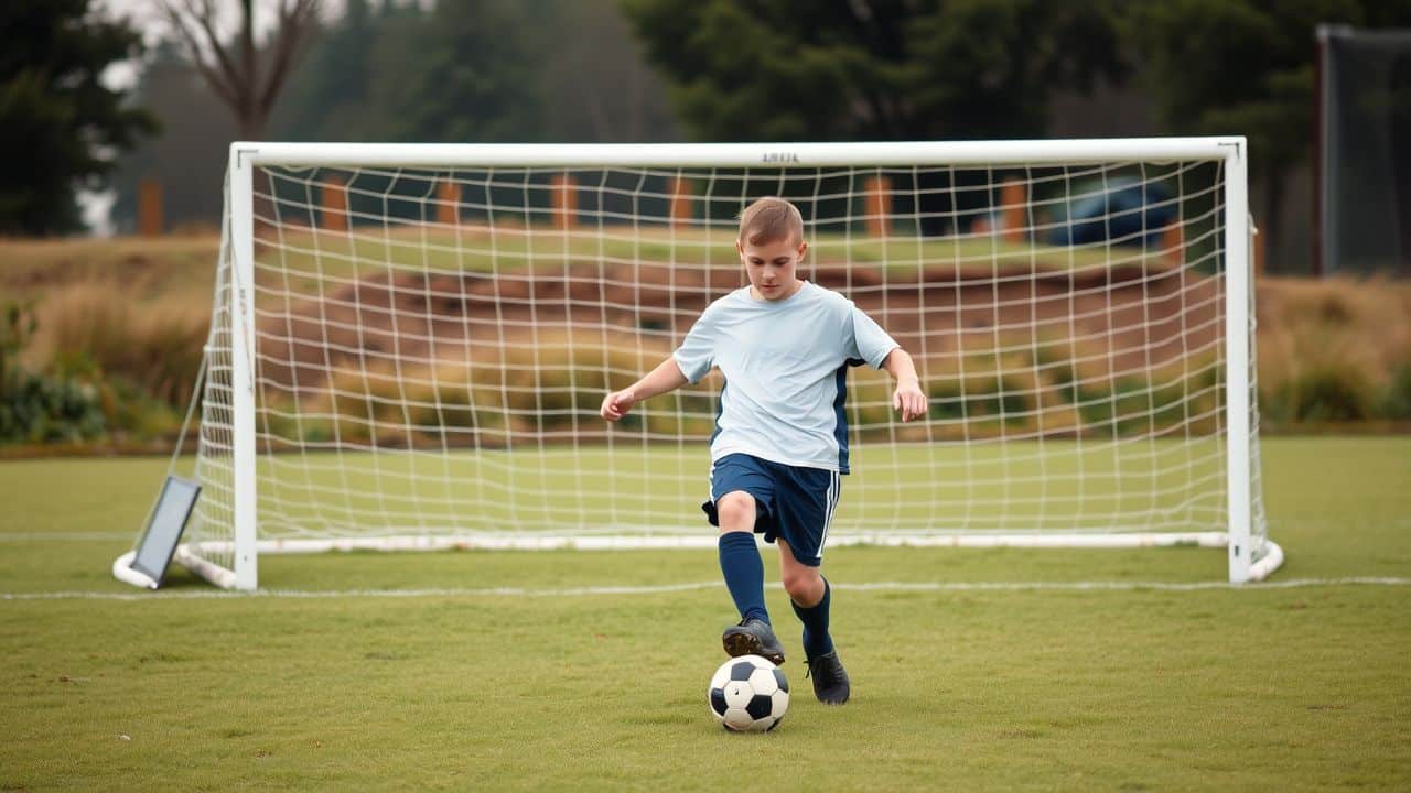 A young soccer player practices shooting technique on a grassy field.