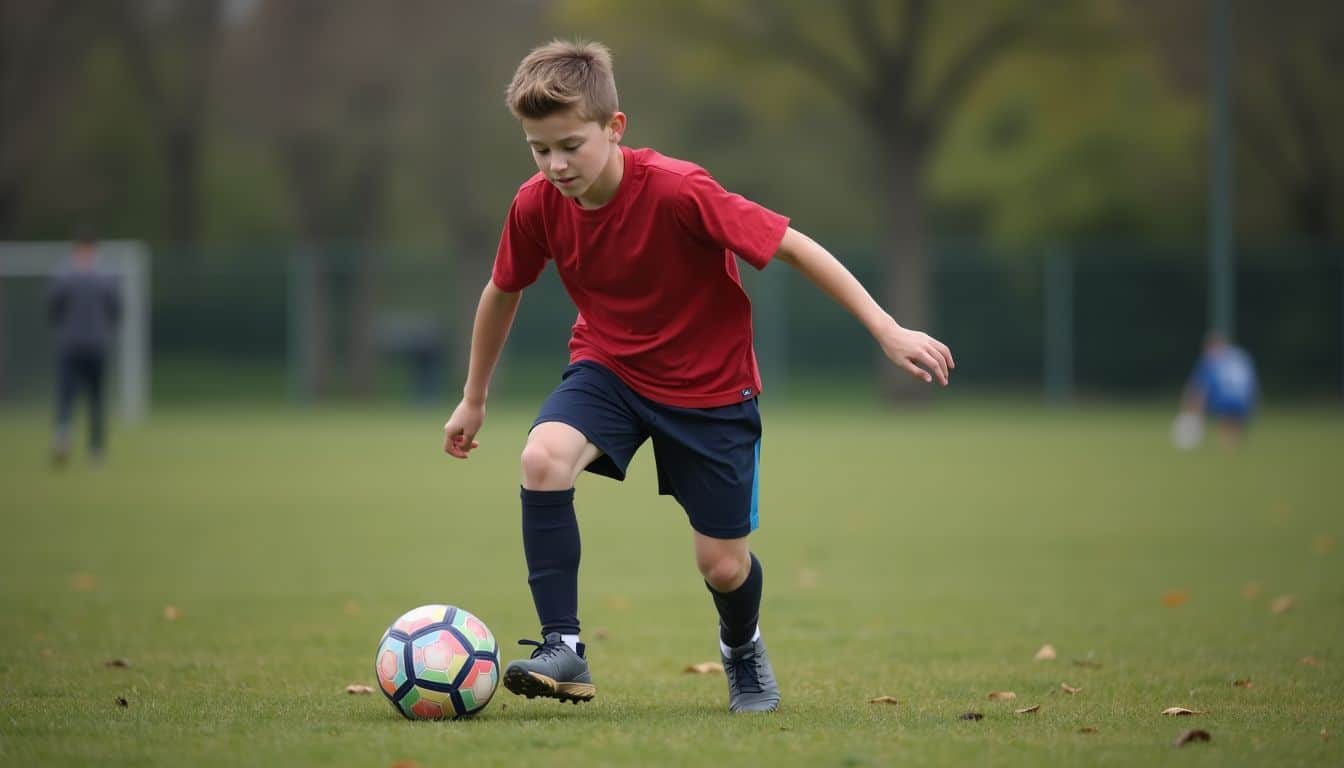 A teenage boy practices soccer dribbling skills in a local park.