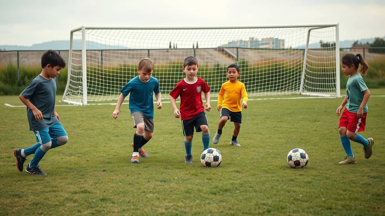 Young soccer players practicing dribbling and passing drills on a field.