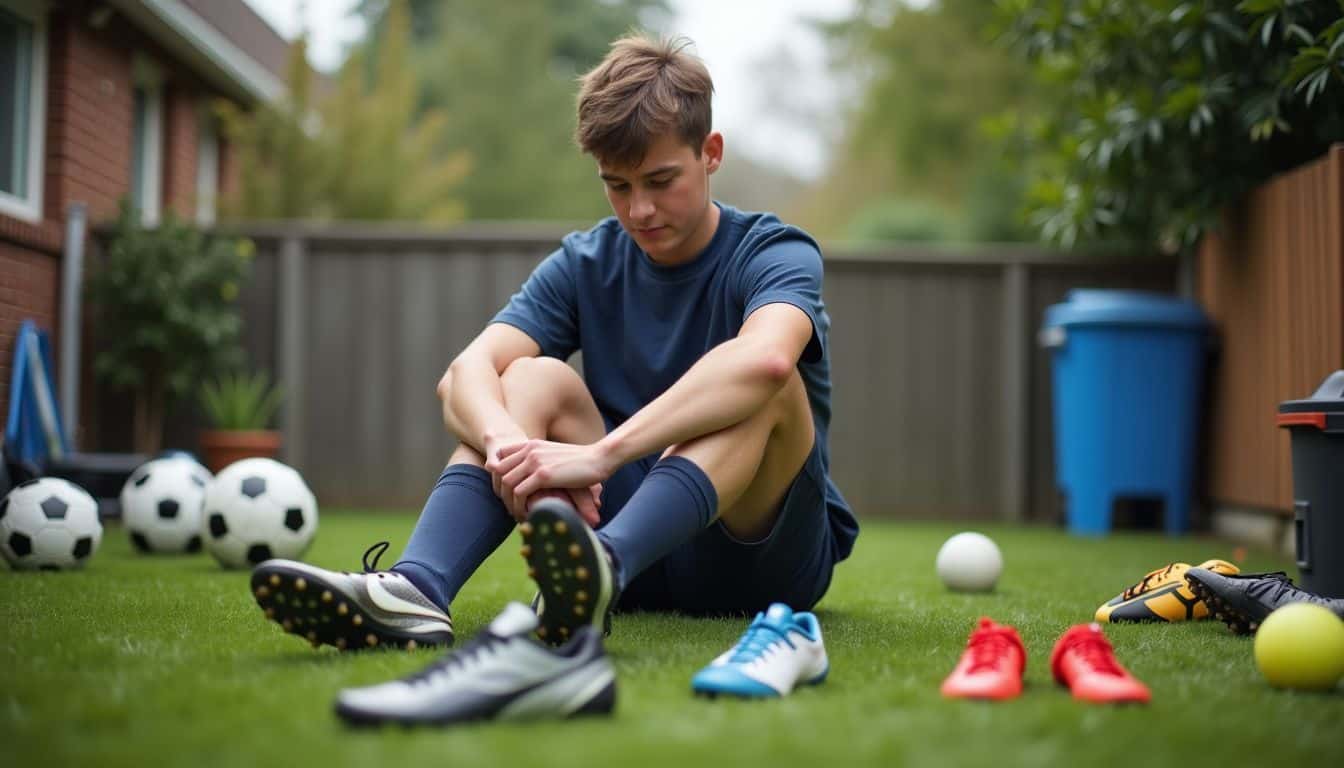 A teenage boy in a backyard trying on soccer gear.