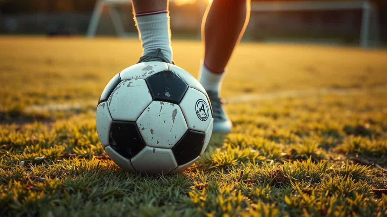 A player skillfully controls a worn soccer ball on a grass field.