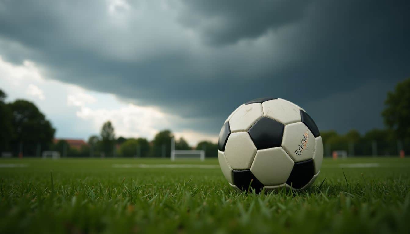 A soccer ball on a grassy field under stormy clouds.