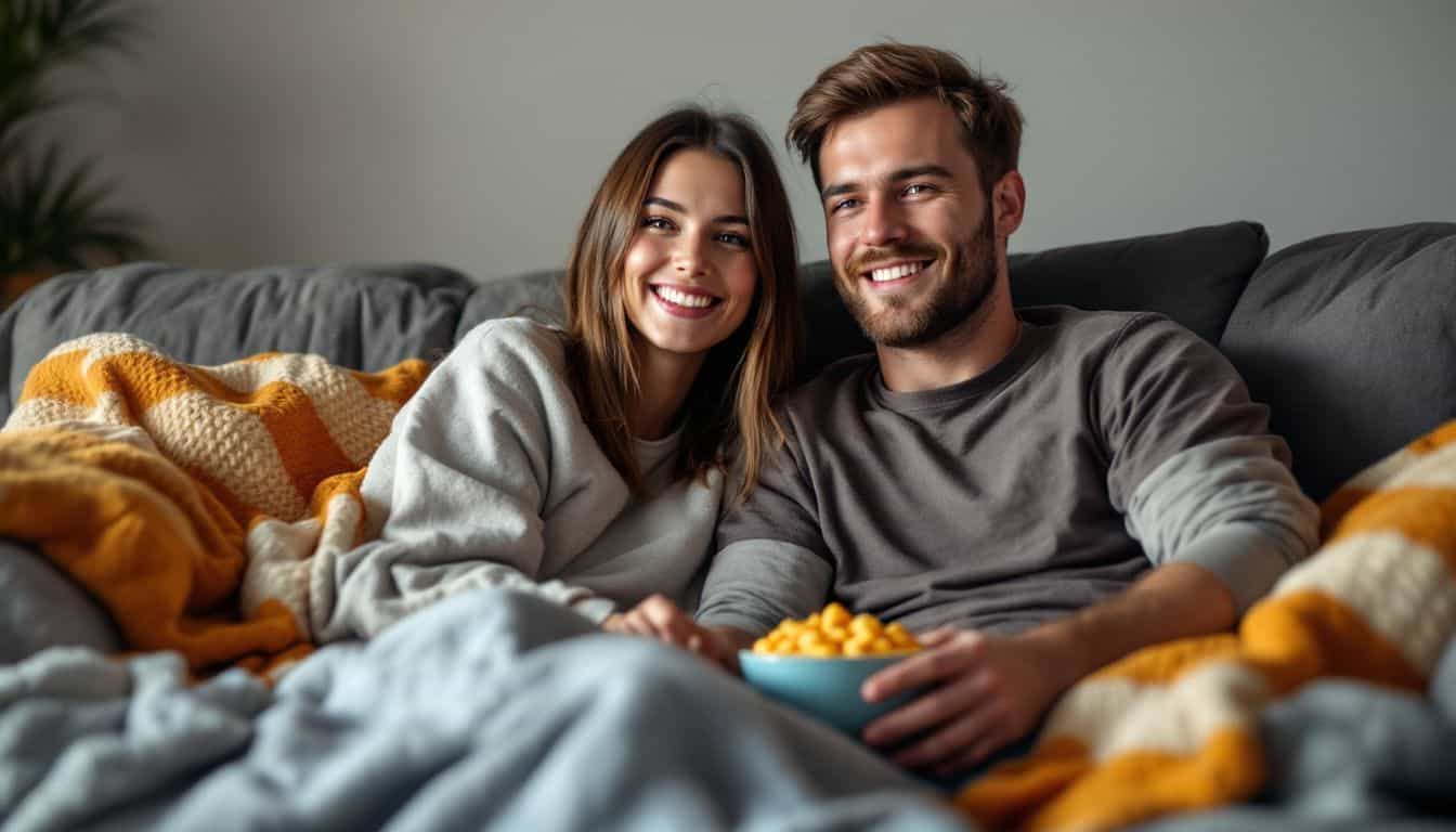 A couple sits on the couch, watching a sports game together.