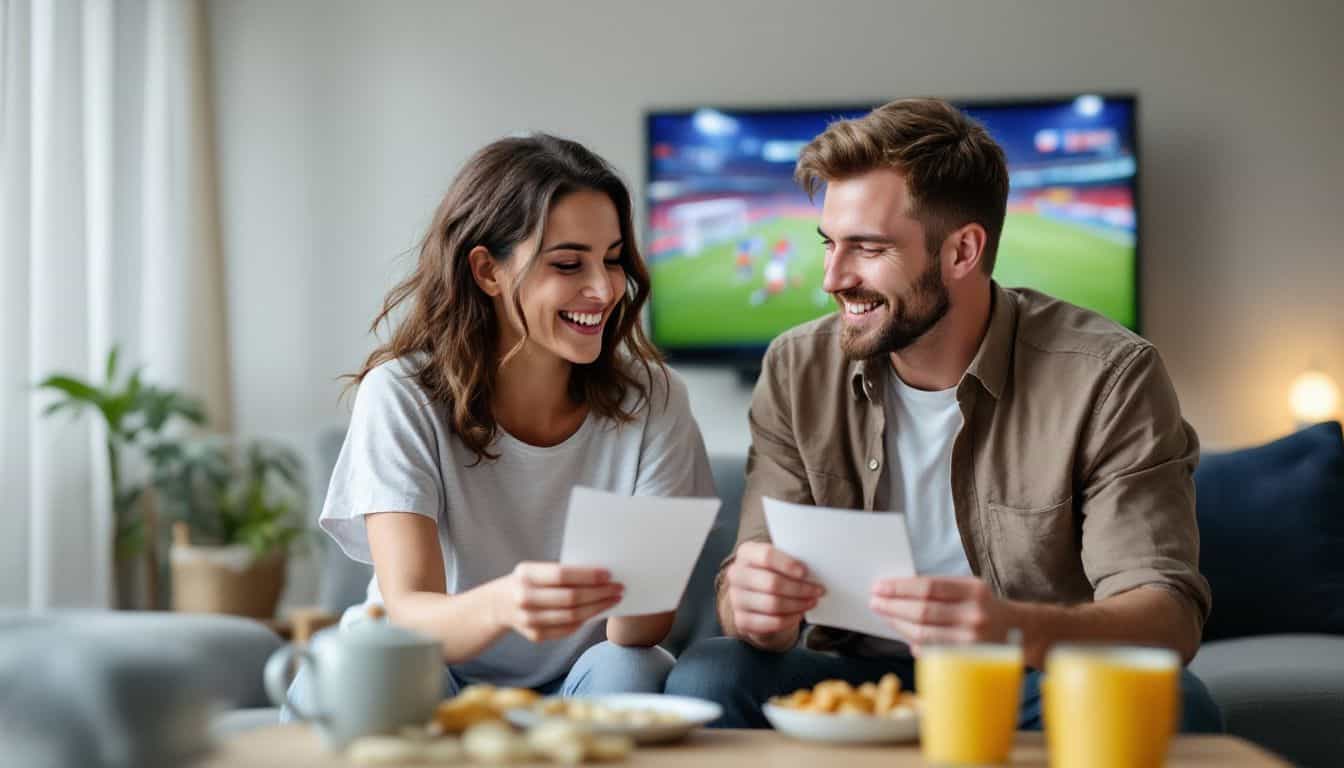 A couple in their 30s watch a sports game and engage in a friendly betting game at home.