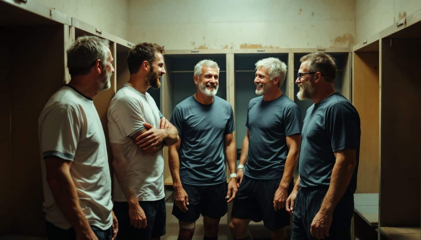 Middle-aged soccer players in team jerseys share camaraderie after match.