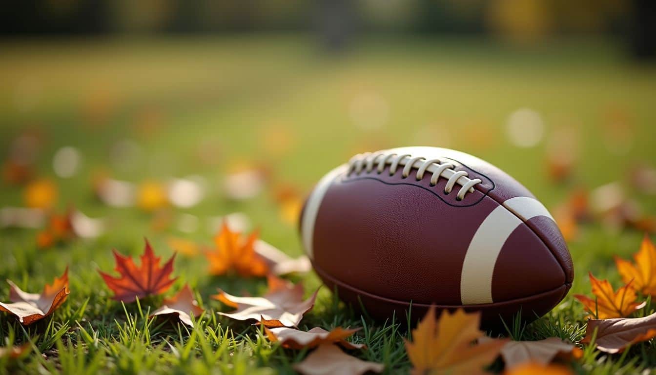 A vintage leather football rests on a grassy field with fallen leaves.