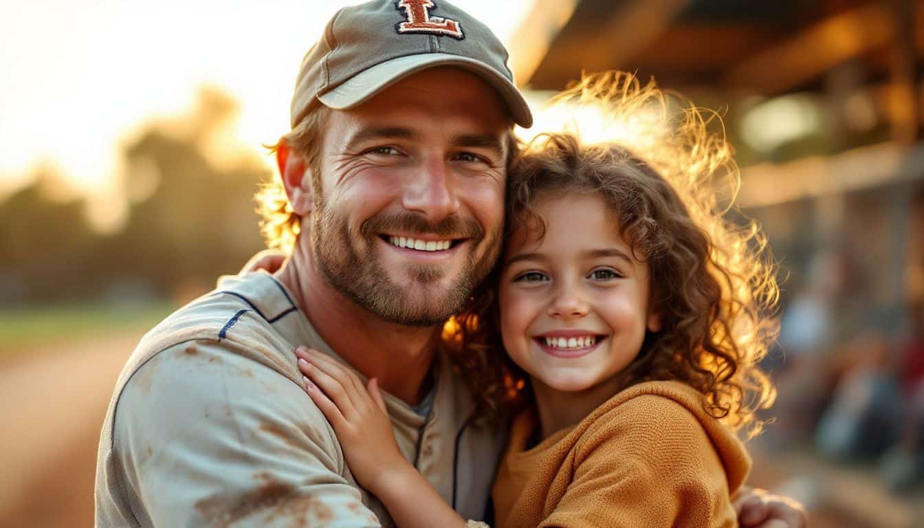 A father and daughter bonding at a Little League game.