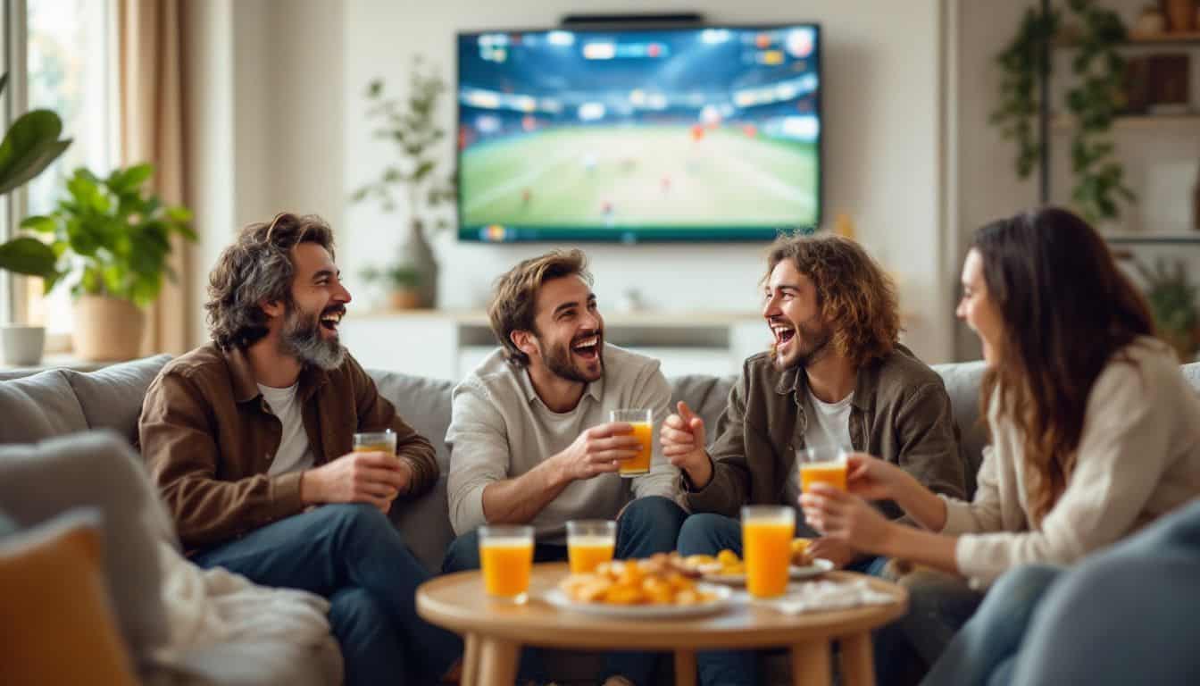 A group of friends cheer and watch sports in a cozy living room.