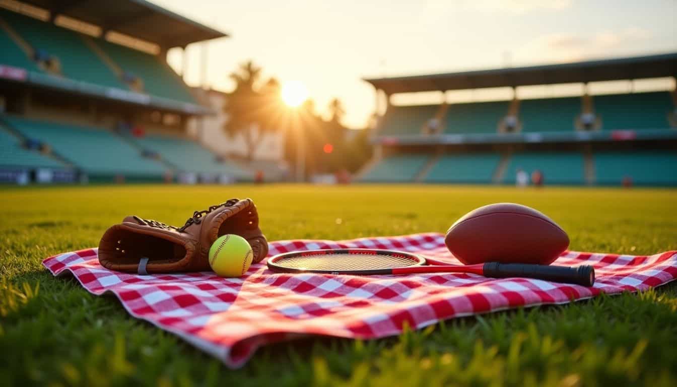 An outdoor sports-themed picnic at a stadium at sunset.