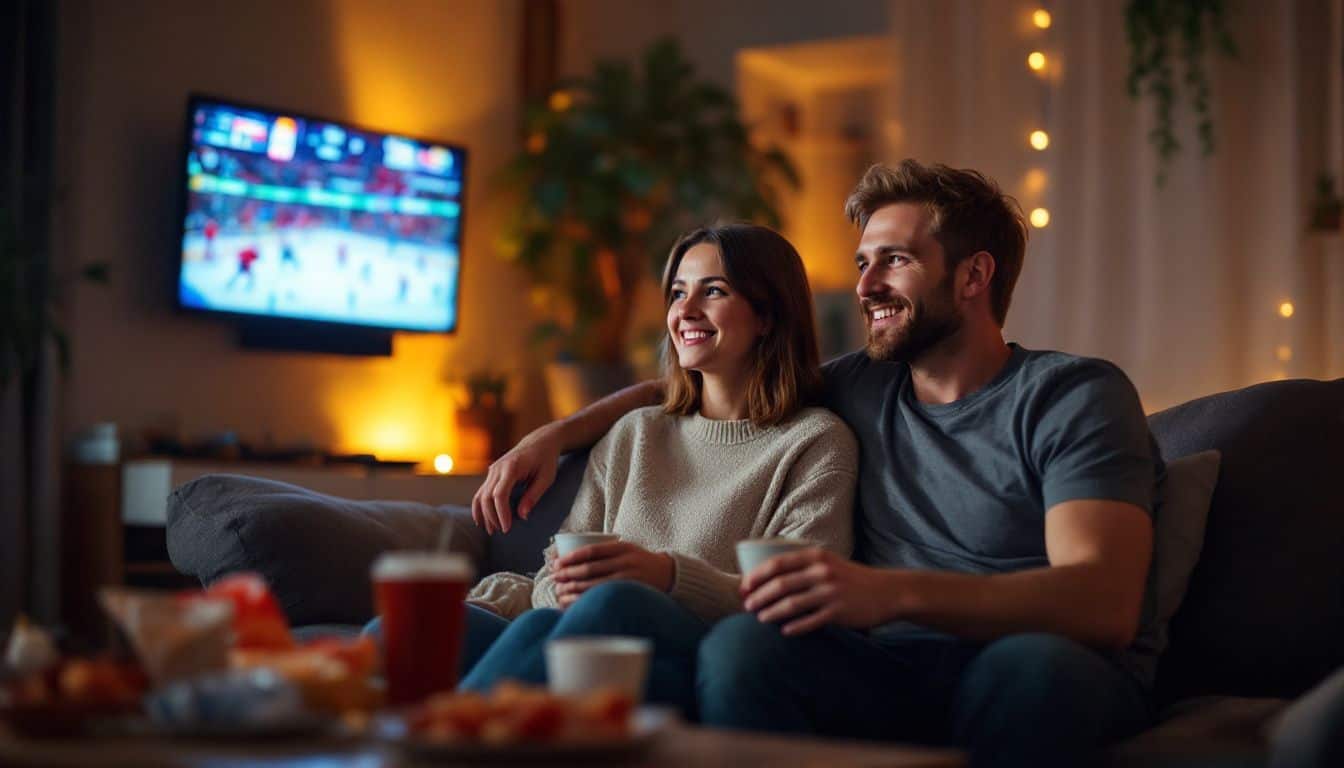 A couple in their 30s enjoy a cozy date night watching hockey.