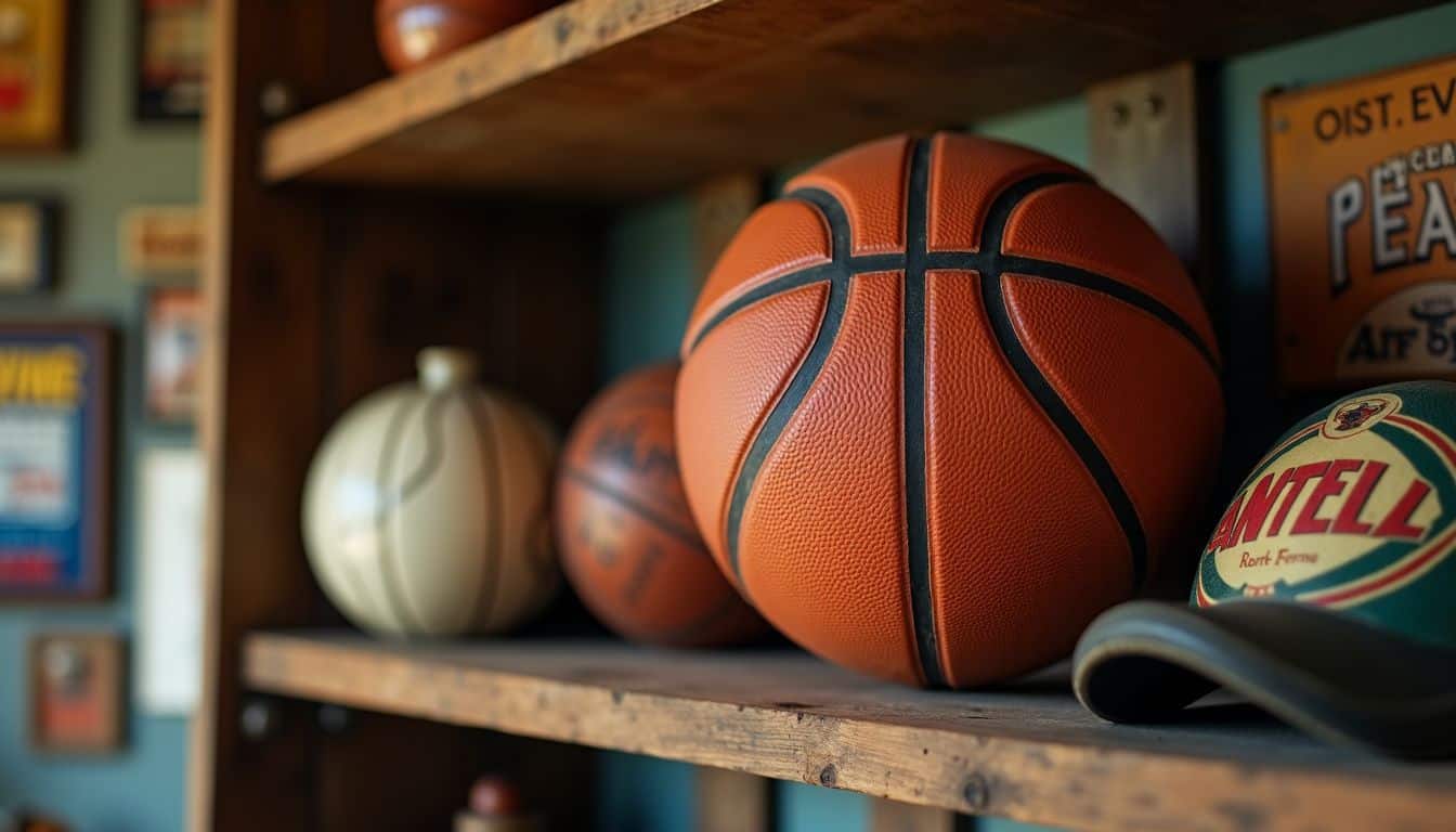 A vintage basketball and old sports memorabilia displayed in a man cave.