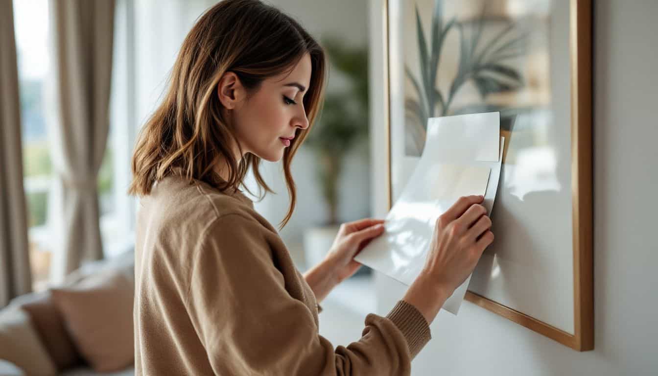 A woman in her 30s is preparing to hang a framed artwork.