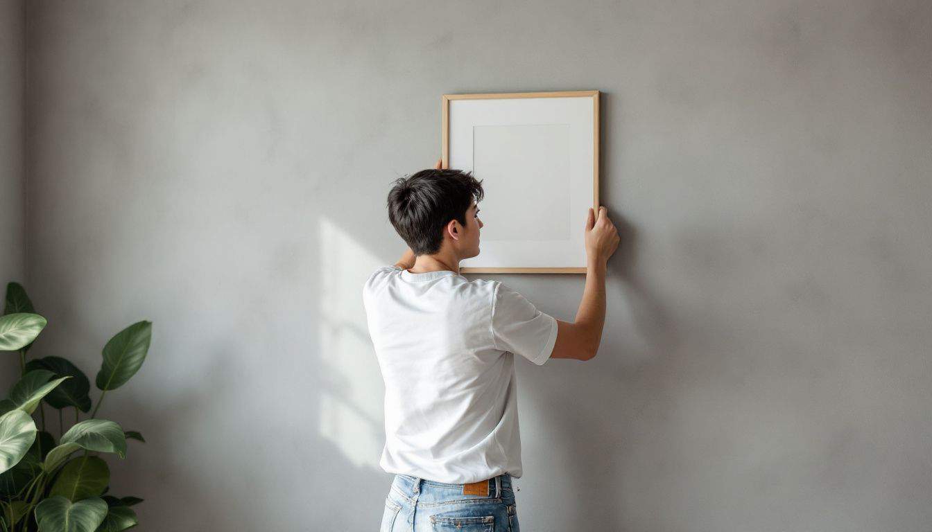 A person hangs art on a light gray concrete wall.