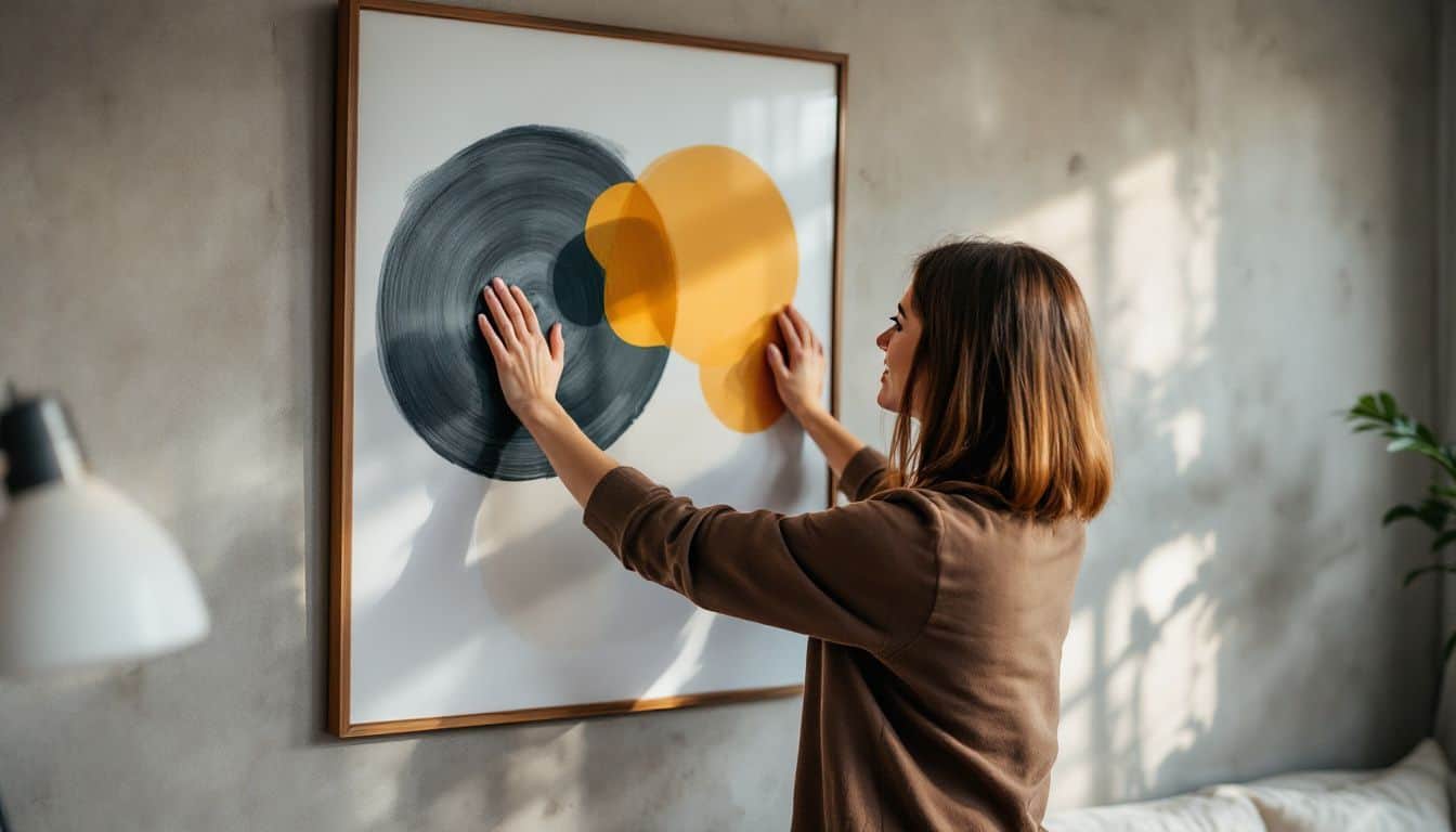 A woman in her 30s hangs artwork in a cozy living room.