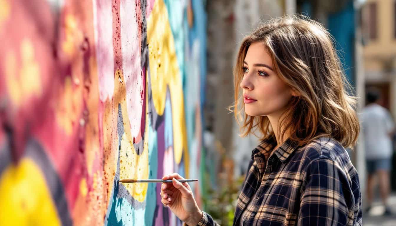 A woman examines a colorful mural on an old concrete wall.