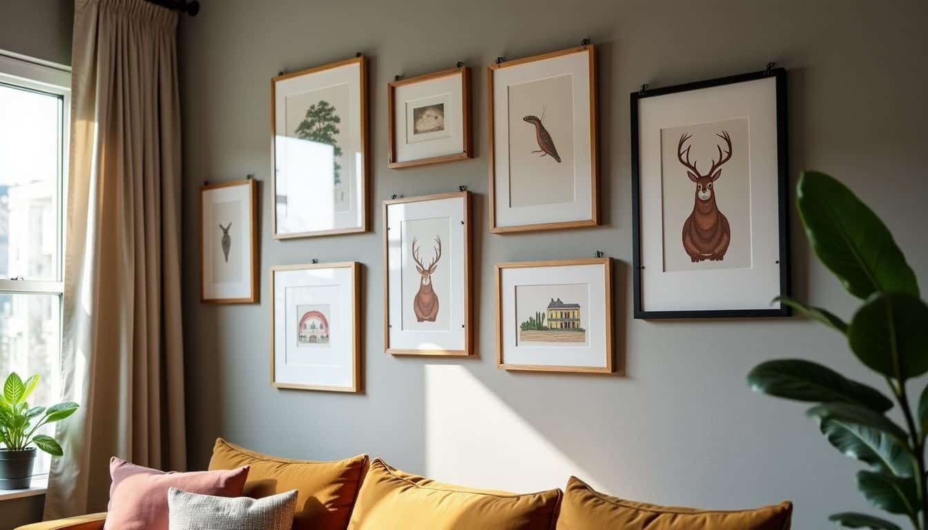 A cozy living room with a collection of artwork on the wall.