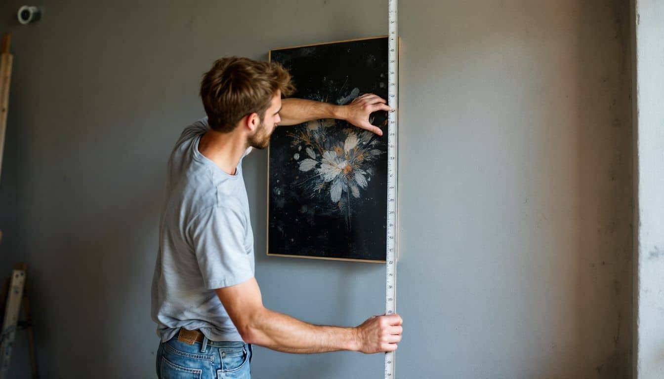 A man in his 30s measures the weight of his artwork and finds a suitable spot to hang it.