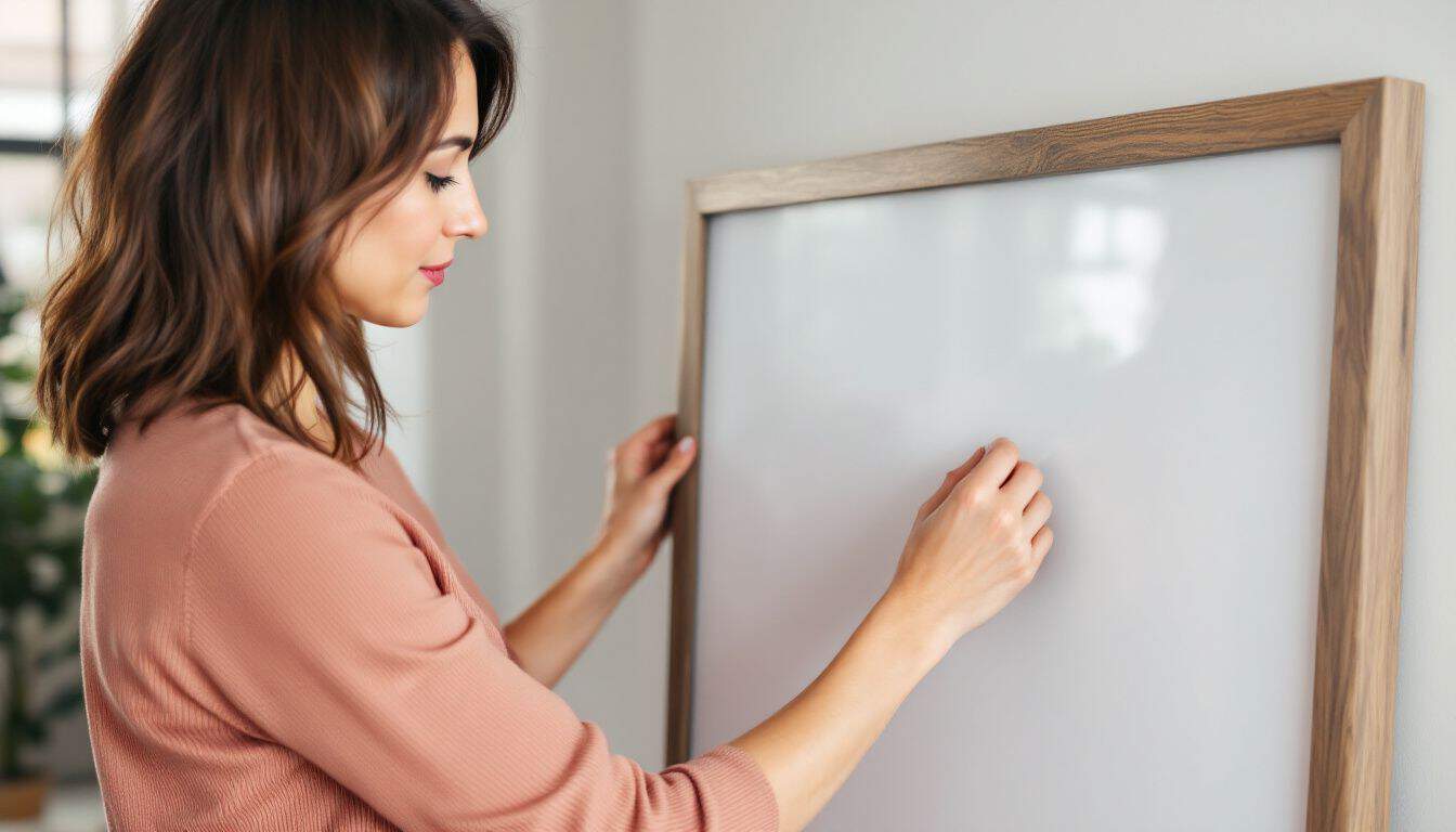 A woman measures and selects wall hardware for hanging artwork.