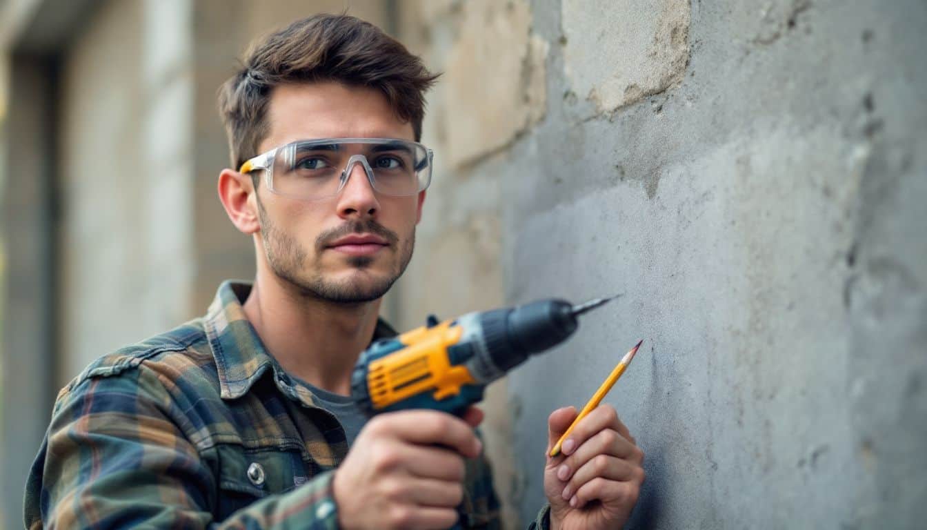 A person wearing protective eyewear prepares to drill into a concrete wall.