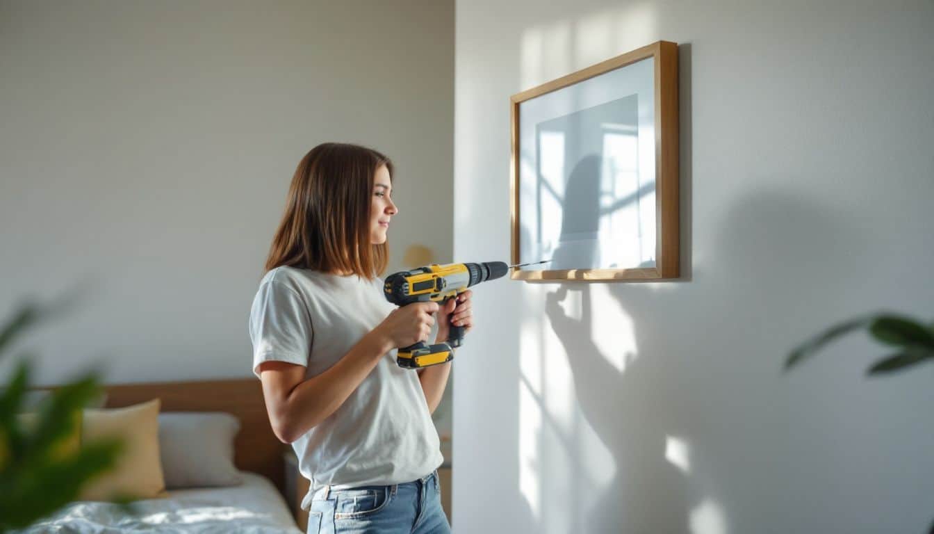 A teenager drilling a hole in the wall to hang a picture frame.