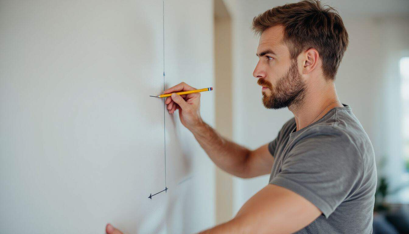 A man measures and marks a wall for hanging artwork.