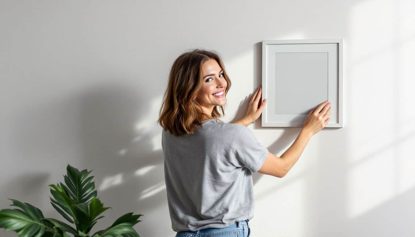 A woman in her 30s hangs a picture frame using adhesive strips.